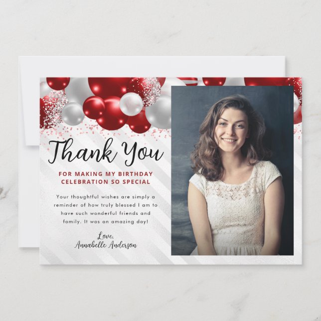 Glam Burgundy Red Balloon Glitter Photo Birthday Thank You Card (Front)