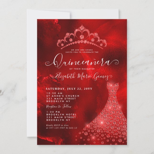 Glam Burgundy Red Diamond Tiara Dress Quinceanera Invitation (Front)