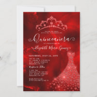 Glam Burgundy Red Diamond Tiara Dress Quinceanera