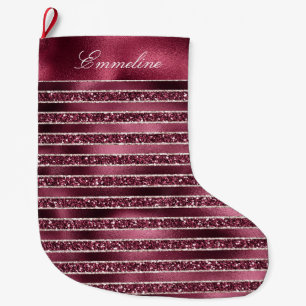 Glam Burgundy Red Glitter Stripes       Large Christmas Stocking