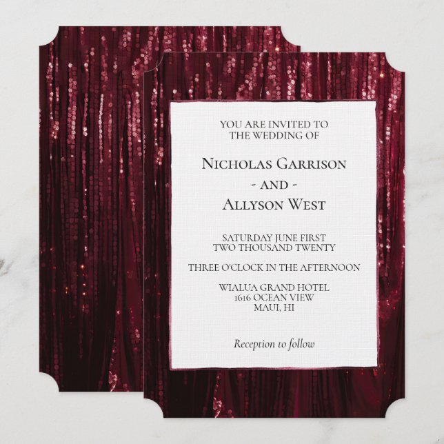 Glam Burgundy Red Glitzy Wedding Invitation (Front/Back)