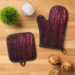 Glam Burgundy Red Glitzy Wedding Oven Mitt & Pot Holder Set