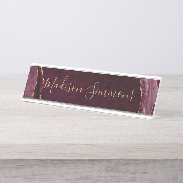 Glam Burgundy Red Gold Agate Geode Feminine Script Desk Name Plate (Front)