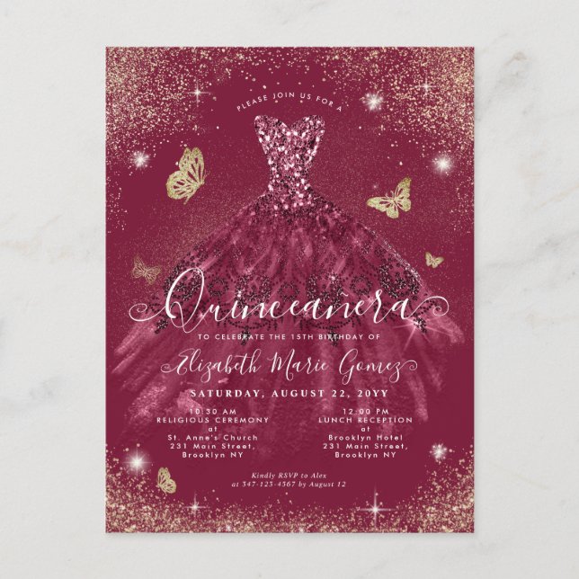 Glam Burgundy Red Gold Glitter Gown Quinceanera Postcard (Front)