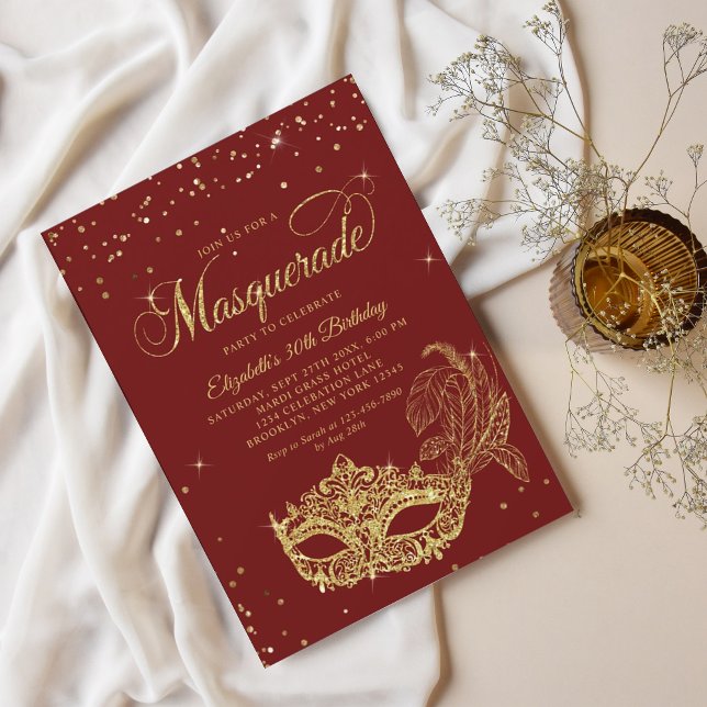 Glam Burgundy Red Gold Glitter Masquerade Birthday Invitation (Creator Uploaded)