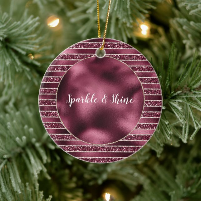Glam Burgundy Red Rose Blush Glitter Stripes   Ceramic Tree Decoration (Tree)