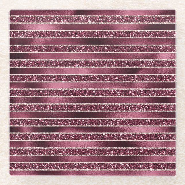 Glam Burgundy Red Rose Blush Glitter Stripes       Glass Coaster (Front)