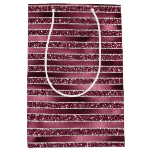 Glam Burgundy Red Rose Blush Glitter Stripes    Medium Gift Bag
