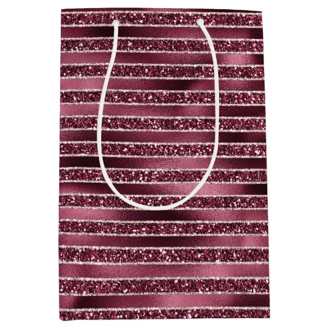 Glam Burgundy Red Rose Blush Glitter Stripes    Medium Gift Bag (Front)