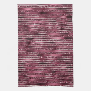 Glam Burgundy Red Rose Blush Glitter Stripes      Tea Towel