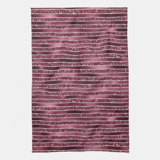 Glam Burgundy Red Rose Blush Glitter Stripes      Tea Towel (Vertical)