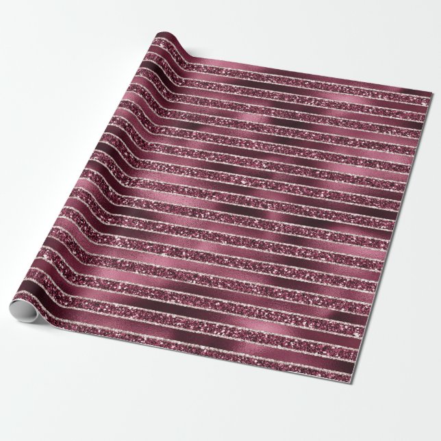 Glam Burgundy Red Rose Blush Glitter Stripes Wrapping Paper (Unrolled)