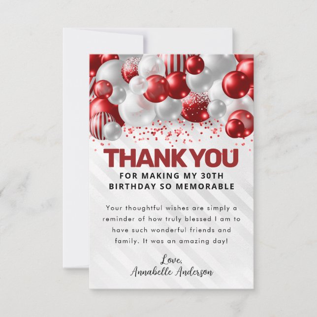 Glam Burgundy Red Silver Balloon Glitter Birthday Thank You Card (Front)