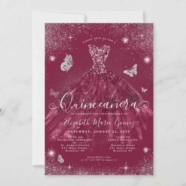 Glam Burgundy Red Silver Glitter Gown Quinceanera Invitation (Front)