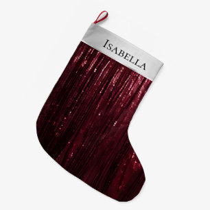 Glam Burgundy Red Silver Glitzy Sparkle Name Large Christmas Stocking