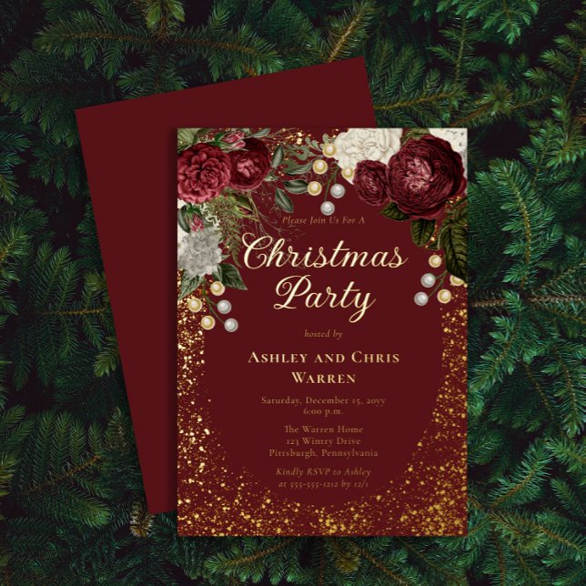 Glam Burgundy Rose Floral Christmas Holiday Party  (Creator Uploaded)