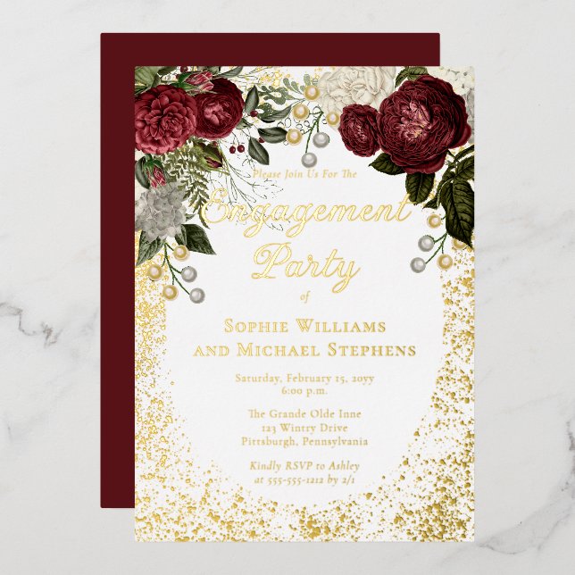 Glam Burgundy Rose Floral Engagement Party (Front/Back)
