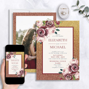 Glam Burgundy Rose Gold Floral Photo Wedding Invitation
