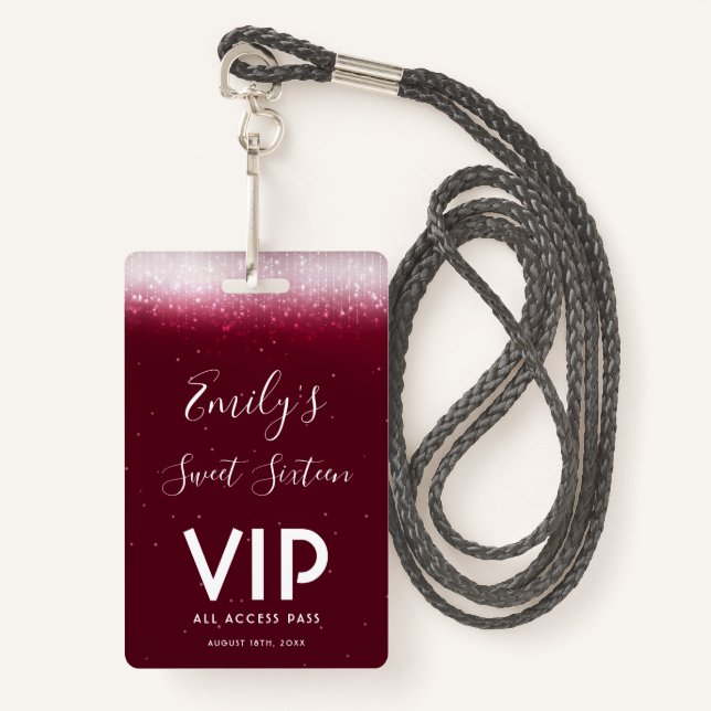 Glam Burgundy Sweet 16  Invitation VIP Pass Badge ID Badge (Front with Lanyard)