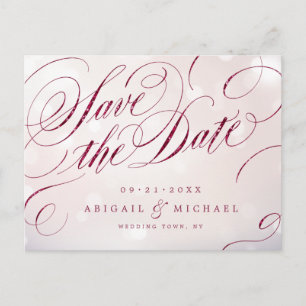 Glam burgundy vintage calligraphy save the date announcement postcard