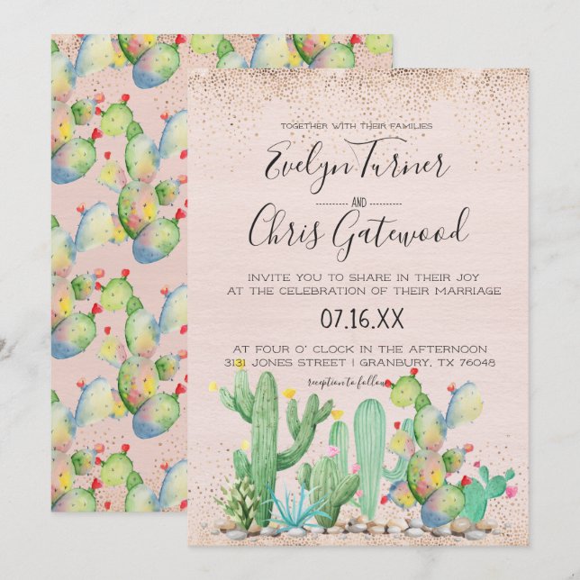 Glam Cactus Fiesta Wedding Invitation (Front/Back)