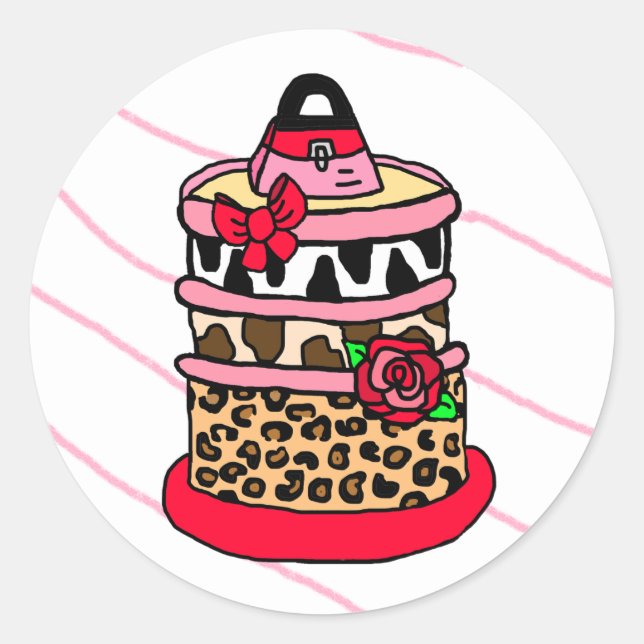 Glam Cake Hand Drawn Cartoon Purse, Bows and Roses Classic Round Sticker (Front)