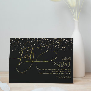 Glam Calligraphy Black Gold Confetti 40th Birthday Invitation