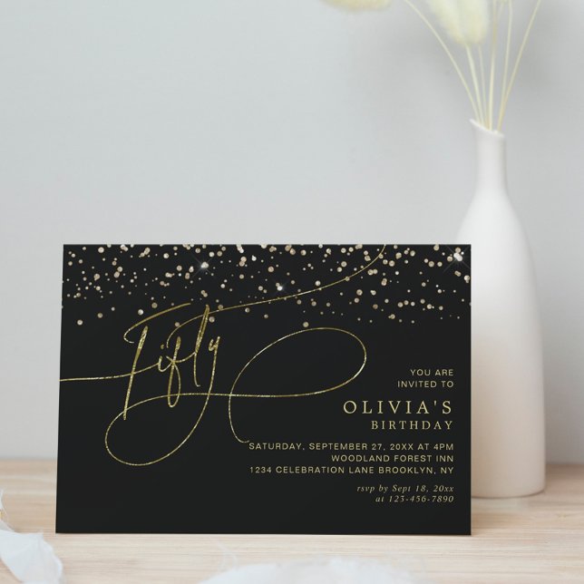 Glam Calligraphy Black Gold Confetti 50th Birthday Invitation (Creator Uploaded)