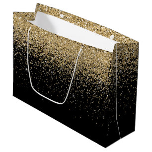 Glam Cascades of Gold Glitter Black Background Large Gift Bag