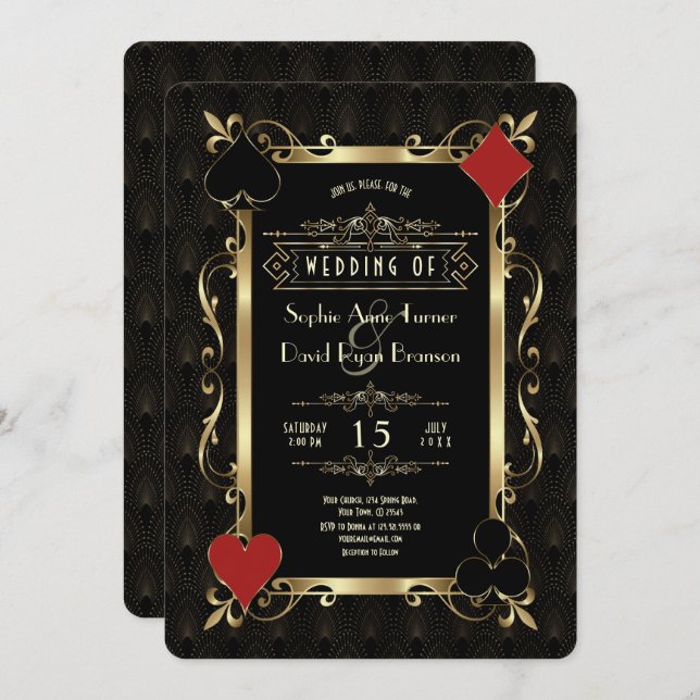 Glam Casino Night Gold Art Deco 20s Gatsby Wedding Invitation (Front/Back)