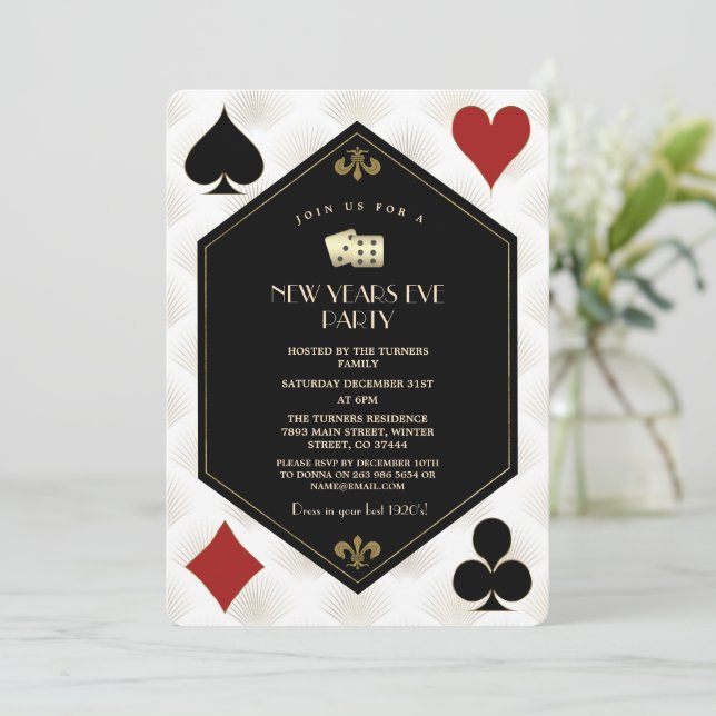 Glam Casino Vegas Gold Gatsby New Year's Eve  Invitation (Standing Front)