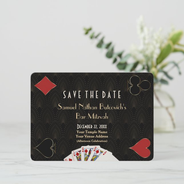 Glam Casino Vegas Poker Bar Mitzvah Save The Date (Standing Front)
