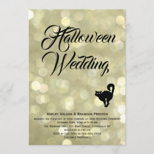 Glam Cat on Gold Halloween Wedding Invitation