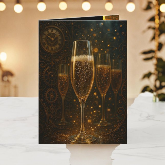 Glam Celebration Lux Party Steampunk Champagne Holiday Card (Creator Uploaded)