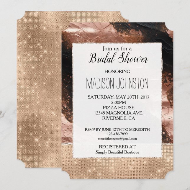 Glam Champagne Glitz Rose Gold Black Invitation (Front/Back)