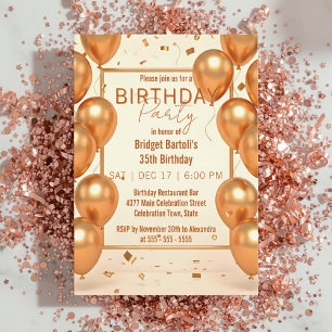 Glam Champagne Gold Balloons and Confetti Birthday Invitation