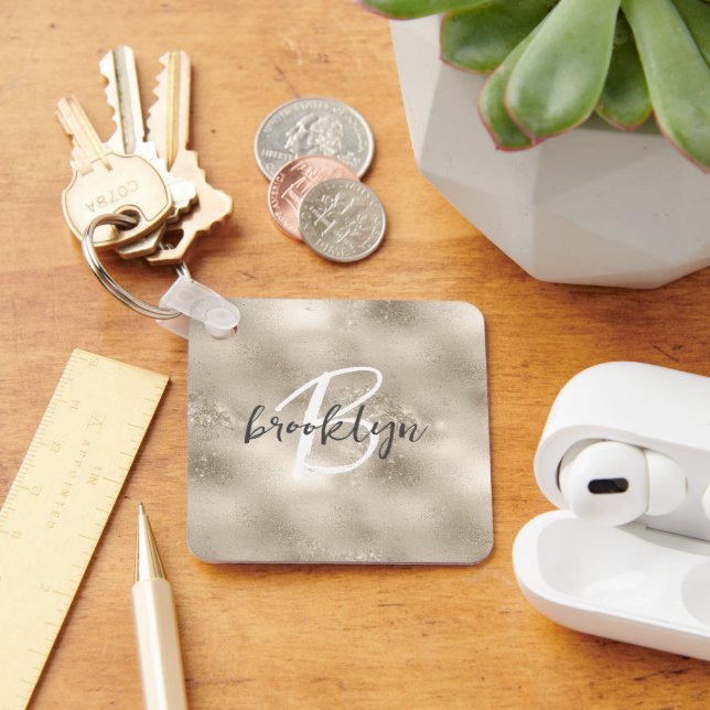 Glam Champagne Gold Glitter Sparkle Monogram  Key Ring (Desk)