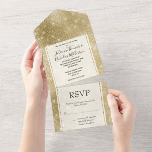 Glam Champagne Gold Glitzy Sparkle All In One Invitation