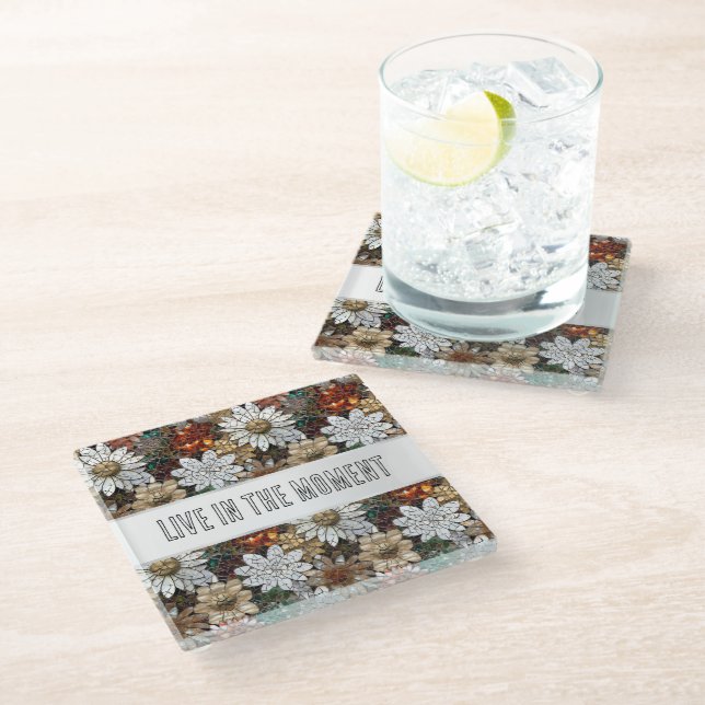 Glam Champagne Gold Red White Flowers Glass Coaster (Angled)