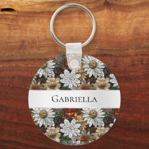 Glam Champagne Gold Red White Flowers Key Ring