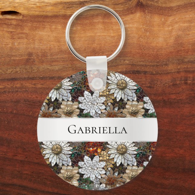 Glam Champagne Gold Red White Flowers Key Ring (Front)