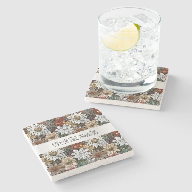 Glam Champagne Gold Red White Flowers Stone Coaster (Side)