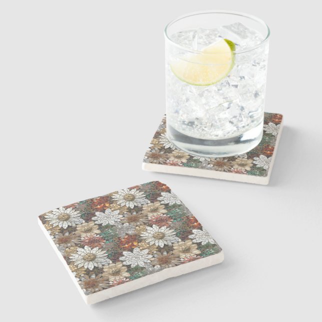 Glam Champagne Gold Red White Flowers Stone Coaster (Side)