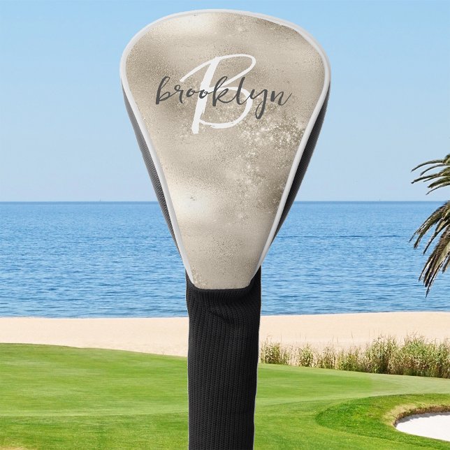 Glam Champagne Gold Trendy Script Monogram Golf Head Cover (Creator Uploaded)