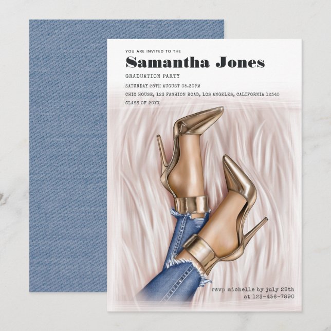 Glam Chic Fashion Denim Graduation Party Invitation (Front/Back)