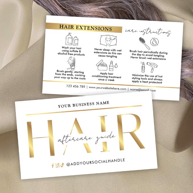 Glam Chic Gold Hair Extensions Care Instructions Business Card (Modern faux gold hair extensions aftercare cards with icons)