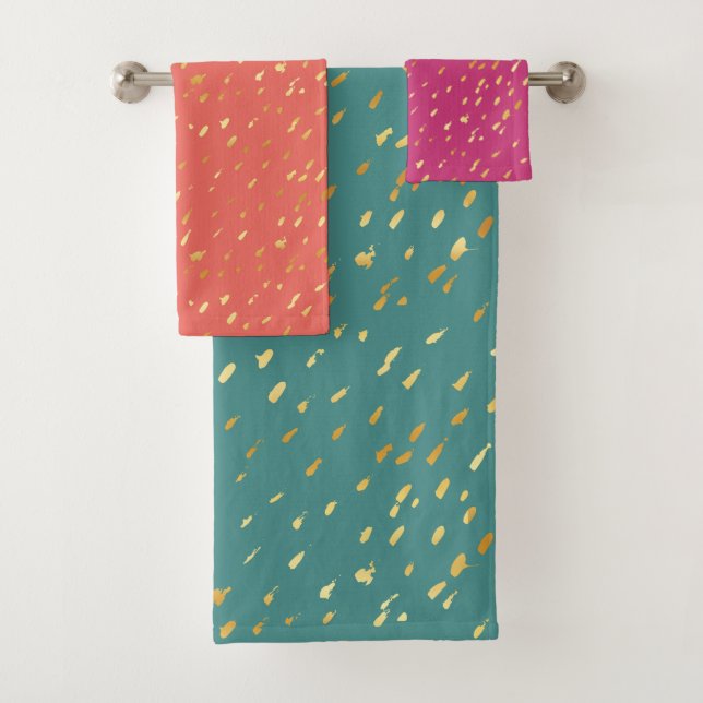Glam chic gold splatter exotic colours towel set (Insitu)