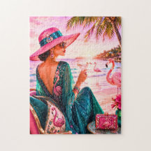 Glam Chic Lady on Flamingo Themed Tropical Beach