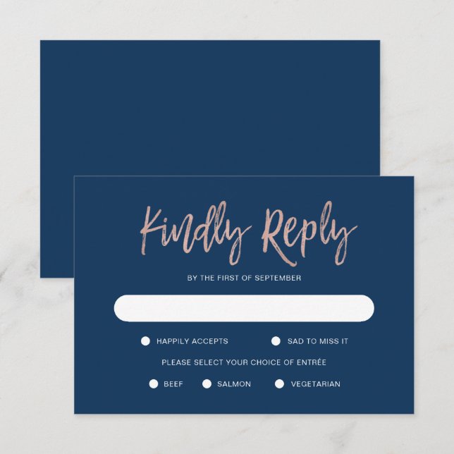 Glam Chic Navy Blue & Rose Gold Wedding RSVP Card (Front/Back)