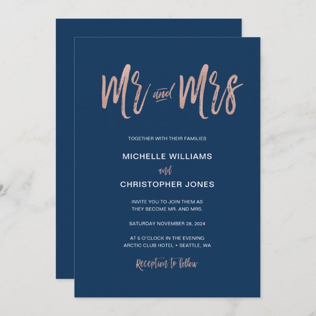 Glam Chic Navy & Rose Gold Mr & Mrs Wedding Invite (Front/Back)